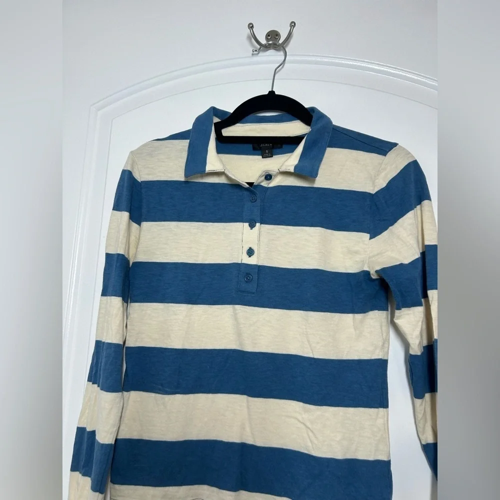 J Crew Blue Striped Long Sleeve Polo Rugby Shirt Size S Preppy Retro Academia